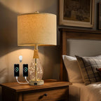 OYEARS 23" USB A+C Table Lamp for Bedroom Living Room Modern Bedside Lamps Retro Farmhouse Rattan Glass Nightstand Nightlight Lamps (White),Two Light Points