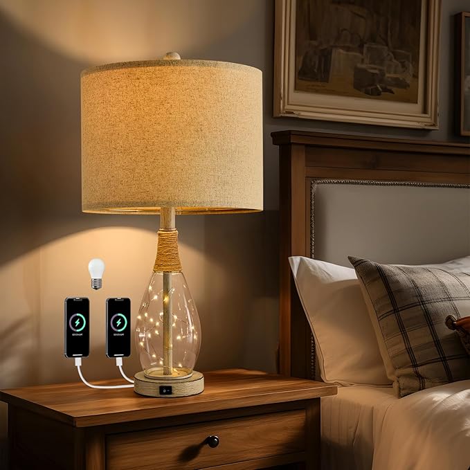 OYEARS 23" USB A+C Table Lamp for Bedroom Living Room Modern Bedside Lamps Retro Farmhouse Rattan Glass Nightstand Nightlight Lamps (White),Two Light Points