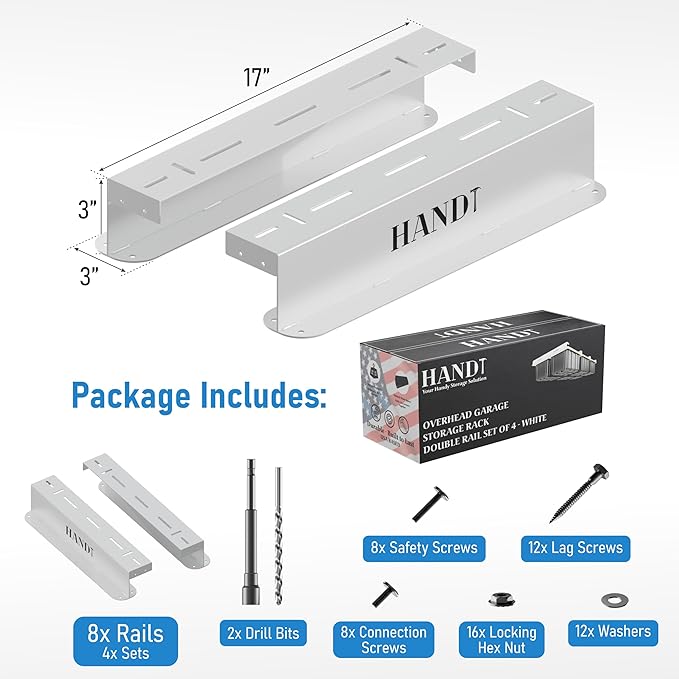 HANDT Overhead Garage Storage Rack, Connectable Heavy Duty Metal Ceiling Rails For Garage Storage Organization Shelving System, Hanging Racks For Tote Containers, Supports Up To 6 Bins, 4 Sets White