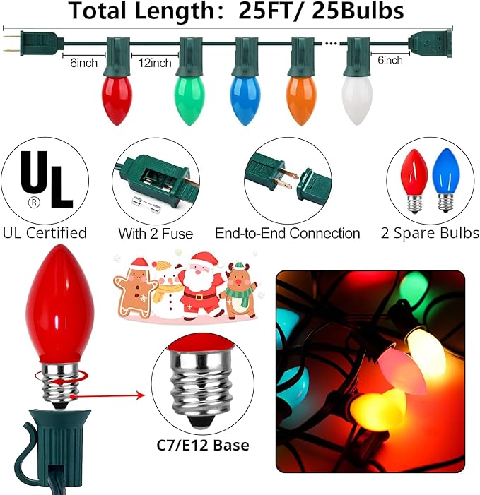 25FT C7 Christmas Decorations Lights, Vintage Christmas Lights String, Multicolor Christmas Tree Lights, Xmas Light for Outdoor Indoor Holiday Decorations with 27 Colorful Ceramic Bulbs (2 Spare Bulb)