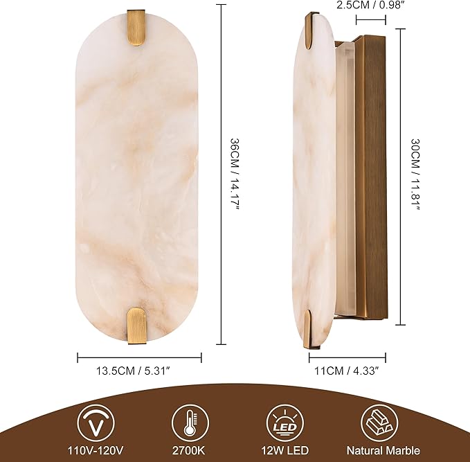 ZEROUNO Alabaster Wall Sconces, 14.2 inch Natural Marble Wall lamp,Dimmable Alabaster Wall Light Fixtures for Stairs Bathroom Living Room Bedroom or Vanity,Hallway（Brushed Bronze