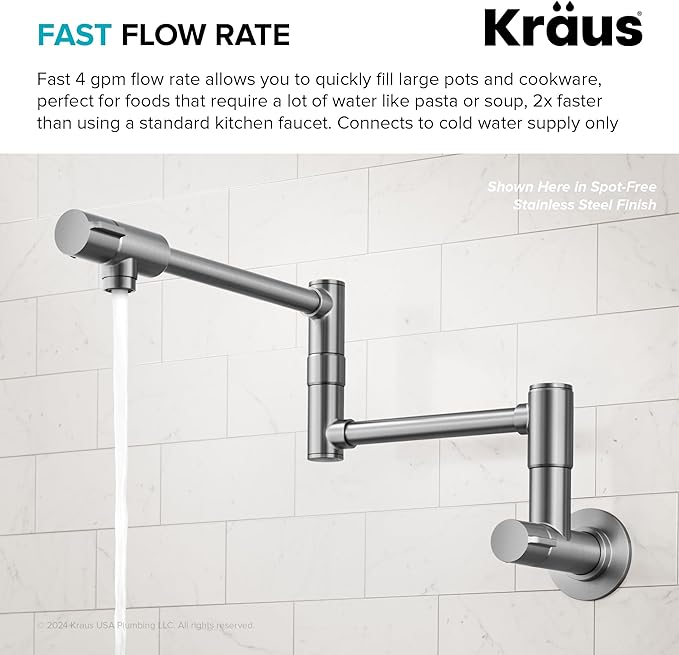 KRAUS Bolden 2 Handle Pot Filler Faucet with Retractable Arm, Wall Mount Kitchen Faucet, Pot Filler for Over Stove in Matte Black, KPF-5003MB