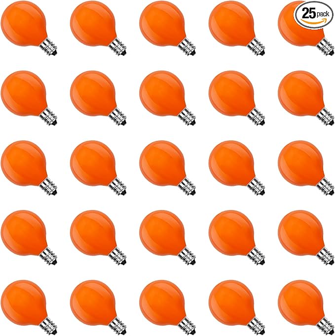 Orange G40 Replacement Bulbs, 25 Pack Halloween G40 Globe Light Bulbs for Indoor Outdoor String Lights, E12/C7 Candelabra Base, 5W Incandescent Night Light Bulbs