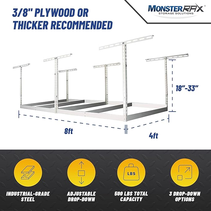 MonsterRax 4x8 Overhead Garage Storage Rack Frame Kit - Hanging Storage Shelves, Ceiling Storage Rack System, Overhead Garage Organizers And Storage, Ceiling Shelving - (White, 18"-33")