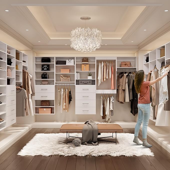 ROOMTEC Modular Closet System, 66" Closet Organizer with Hanging Rods, Wall-Mounted Wooden Tower for Walk-In Closets, Wardrobe Storage Kit, White