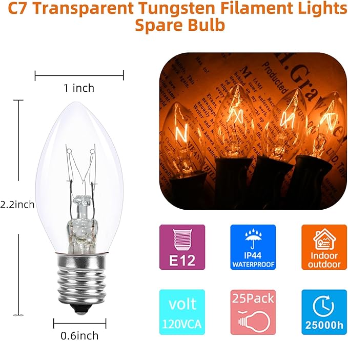 25 Pack C7 Clear Replacement Bulbs Waterproof UL Certified 5w Incandescent for Indoor/Outdoor Use and Christmas Tree String Lights