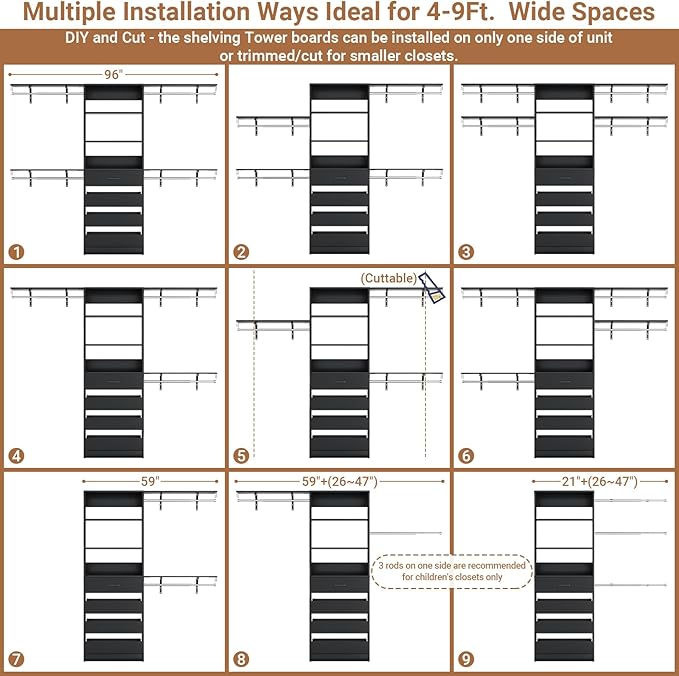Aheaplus Closet System, 8FT Closet Organizer with 4 Wooden Drawers, Wood Closet Organizer System with Tower, Walk-in Closet Organizer Wardrobe Clothes Rack with 4 Hanging Rods, Garment Rack, Black
