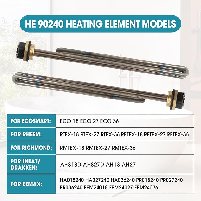 2 Pcs Titanium HE 90240 Water Heater Element Screw-In 9KW 240V Replacement for EcoSmart ECO 18 27 36 Tankless Water Heater Element Parts Replaces HE 80240 R004709024S SGB-2903 HA-P004 HA-P005