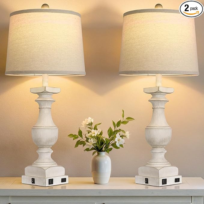 28'' Washed White Table Lamp for Bedroom Nightstand, Vintage Bedside Lamp with USB A+C Port, Farmhouse Desk Lamp with Linen Shade Set of 2, Traditional Nightstand Lamp, Rocker Switch,Bulb Included