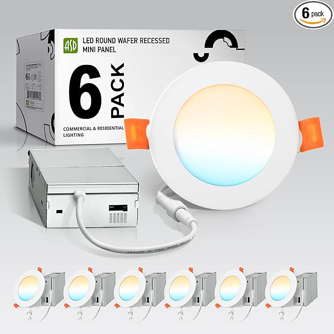 ASD 6 Pack LED Recessed Lighting 4 Inch 9W, 5 CCT 2700K-5000K CRI90+, IC Rated Ultra Thin Dimmable Ceiling Lights with J Box, Canless Wafer Downlight, Round Slim Panel Light, Energy Star ETL, White