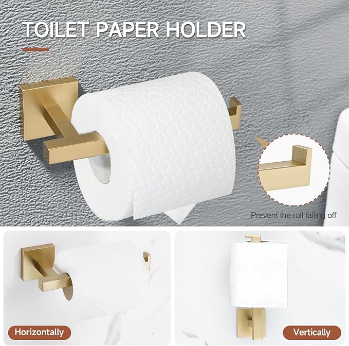 TQKAG 5-Piece Bathroom Accessories Set Brushed Gold Bathroom Hardware Set SUS304 Stainless Steel Classic Wall Mounted Towel Bar Sets 23.6" Towel Rack for Bathroom, Brushed Gold