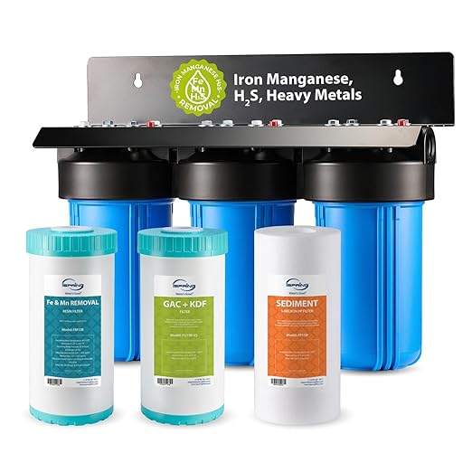 iSpring 3-Stage Whole House Water Filter System, Reduces Iron, Manganese, Hydrogen Sulfide, Heavy Metals, Chlorine, Sediments, 10” x 4.5” Filters, 1” Inlet/Outlet, Model: WGB31B-MKS