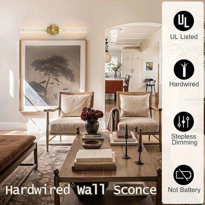 Brass Hardwired Wall Sconces, 30" Bathroom Wall Sconce, Gold Wall Sconce Double Lights , 30" Knurled Linear Wall Light, Sconces Wall Lighting Glass, Vanity Light for Bathroom, Living Room, Bedroom