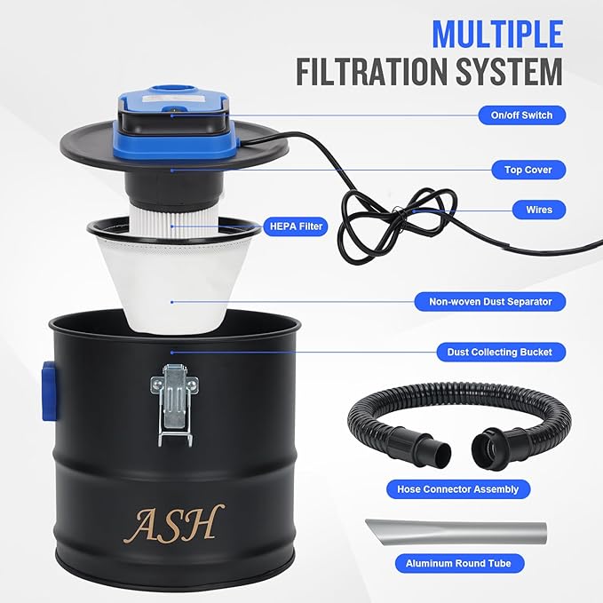 Ash Vacuum Cleaner -2.6 Gallon Fireplace Ash Vac with 800w Powerful Hose Non-Woven Dust Separator | Dry Stove Vacuum for Fireplaces Pellet Grill Wood Stove Fire Pits Blue