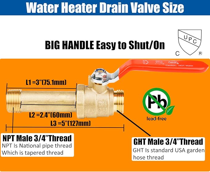 WHK Water Heater Drain Valve 3/4"MIP X 3/4" Male GHT Connection to drain or Flush Hot Water Heater Faster and Easy Big Full Port (Lead-Free Brass,3 Inch Shank with Long Handle,Straight)