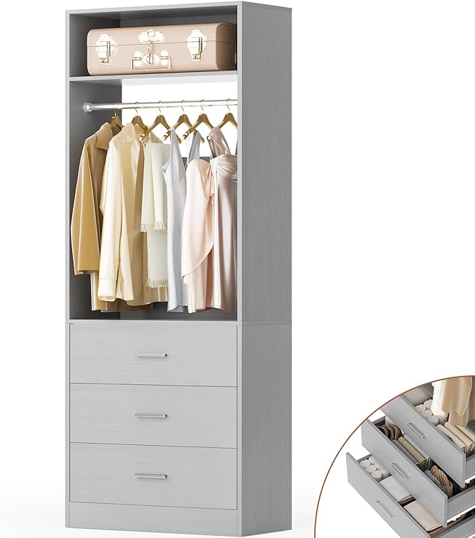 Freestanding 2FT Closet System with 3 Wood Drawers, 24" Closet Organizer System with Hanging Rod & Shelves, Walk-in Closet Systems for Small Closets, Grey (24"L x 15" W x 80" H)