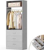 Freestanding 2FT Closet System with 3 Wood Drawers, 24" Closet Organizer System with Hanging Rod & Shelves, Walk-in Closet Systems for Small Closets, Grey (24"L x 15" W x 80" H)