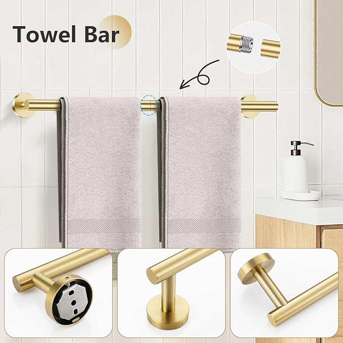 TNOMS 5-Piece Towel Bar Set Brushed Gold Bathroom Hardware Accessories Set Include 23.6in Towel Bar Toilet Paper Holder Towel Ring Towel Hooks Stainless Steel Towel Holder Set Wall Mounted