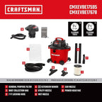 CRAFTSMAN CMXEVBE17595 16 Gallon 6.5 Peak HP Heavy Duty Wet/Dry Shop Vac with Filter, Dust Bag, Hose, Attachments and CMXEVBE17678 1.75 Peak HP Wet/Dry Shop Vac Powerhead with Filter Bag and Hose