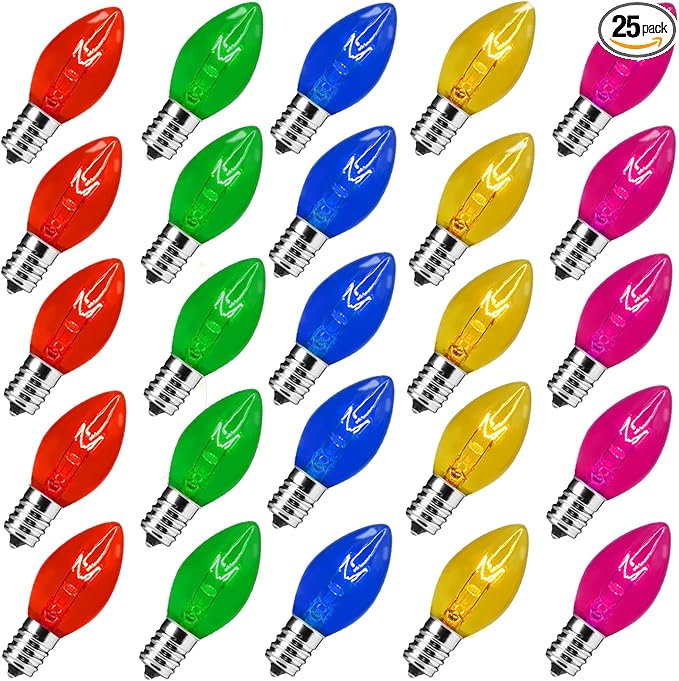 25 Pack C7 Christmas Replacement Light Bulbs, C7 Clear Multi-Color Christmas Lights for Christmas Outdoor Patio Indoor String Lights, C7/E12 Candelabra Base, 5 Watt