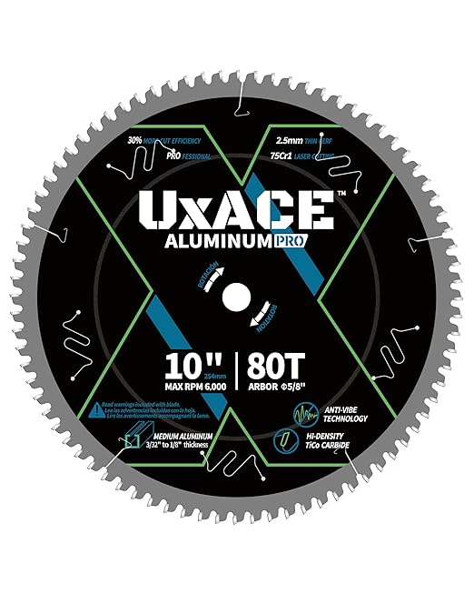 10-Inch 80-Tooth Circular Saw Blade, 5/8-Inch Arbor, Aluminum, Non-Ferrous Metal Cutting Blade, Carbide Tip, Thin Kerf, for Medium Aluminum, Plastic, Composite