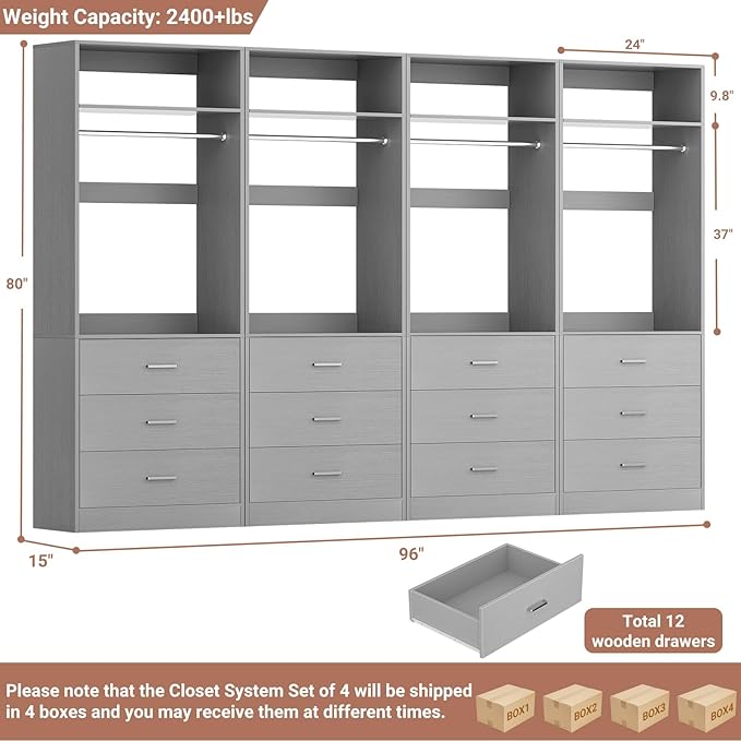 Closet System Set of 4, 8FT Closet Systems with 12 Wood Drawers, 96" Closet Organizer System with 4 Hanging Rods & 4 Shelves, Heavy Duty 96 Inch Walk-in Closet, Grey (96"L x 15" W x 80" H)