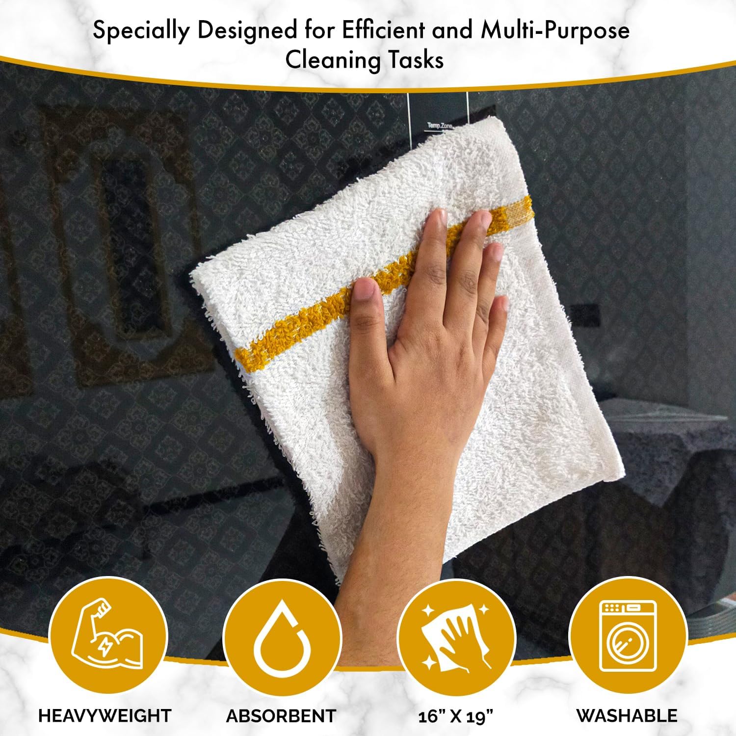 Bar Mops Gold Stripe Pack of 60 Kitchen Towels 16x19 Multi-Purpose for Home, Restaurant and Cleaning White Absorbent Washcloth Dishcloths Sets, Reusable Dish, Cloths Rags