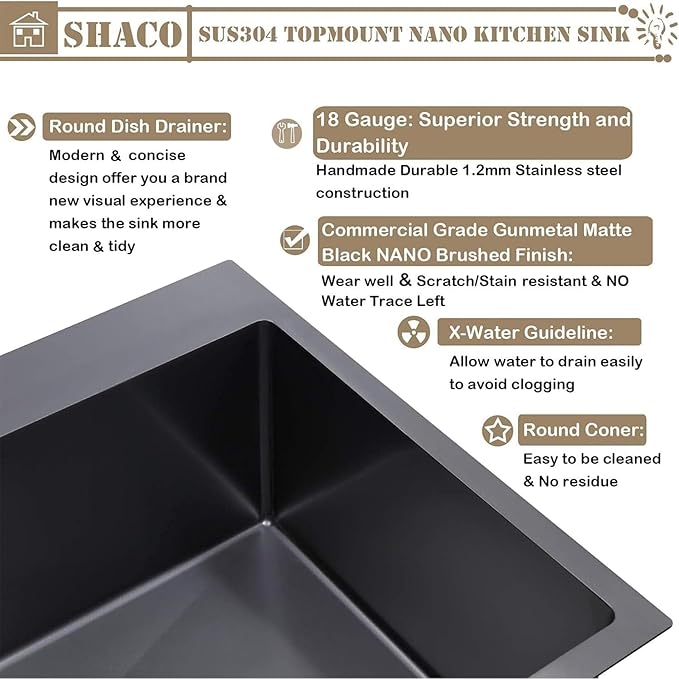 SHACO 25x22 Black Drop In Kitchen Sink, 25 Inch Gunmetal Black Topmount Single Bowl 16 Gauge Stainless Steel Sink for Bar Prep RV Laundry Utility Small Kitchen