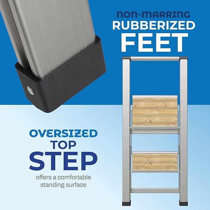 Step Ladder 2 Step Folding, Decorative - Beautiful Bamboo & Silver Aluminum, Ultra Slim Profile, Anti Slip Steps, Sturdy-Portable for Home, Office, Kitchen, Photography Use,by SORFEY