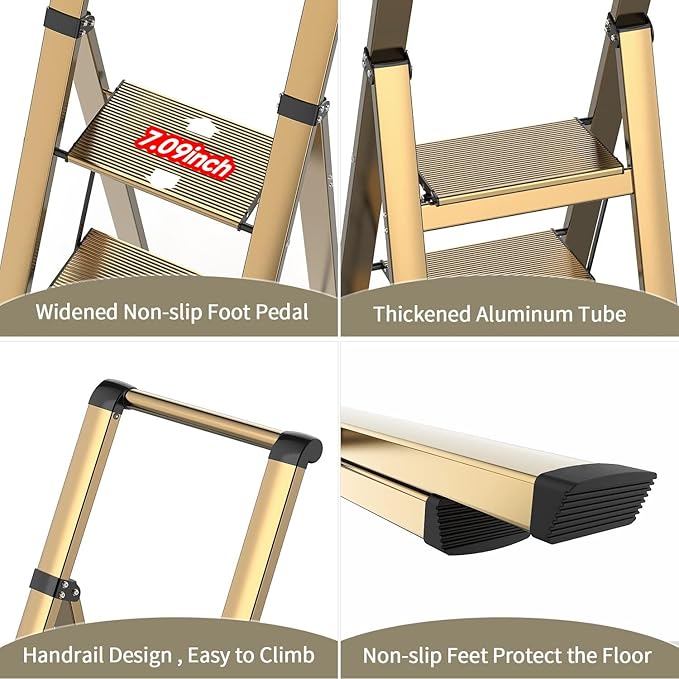 4 Step Ladder, Folding Step Stool with Anti-Slip Wide Sturdy Pedal and Handgrip, Portable Lightweight Aluminum Stepladder, 300 lbs Capacity, Multi-Use for Home, Library - Brown Gold
