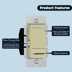 TOPGREENER in Wall Slide Dimmer Switch, for 150W Dimmable LED, 600W Incandescent/Halogen, Single Pole or 3 Way, 120V 60Hz, No Neutral Wire Required, UL Listed, TGDMDS-120-I, Ivory