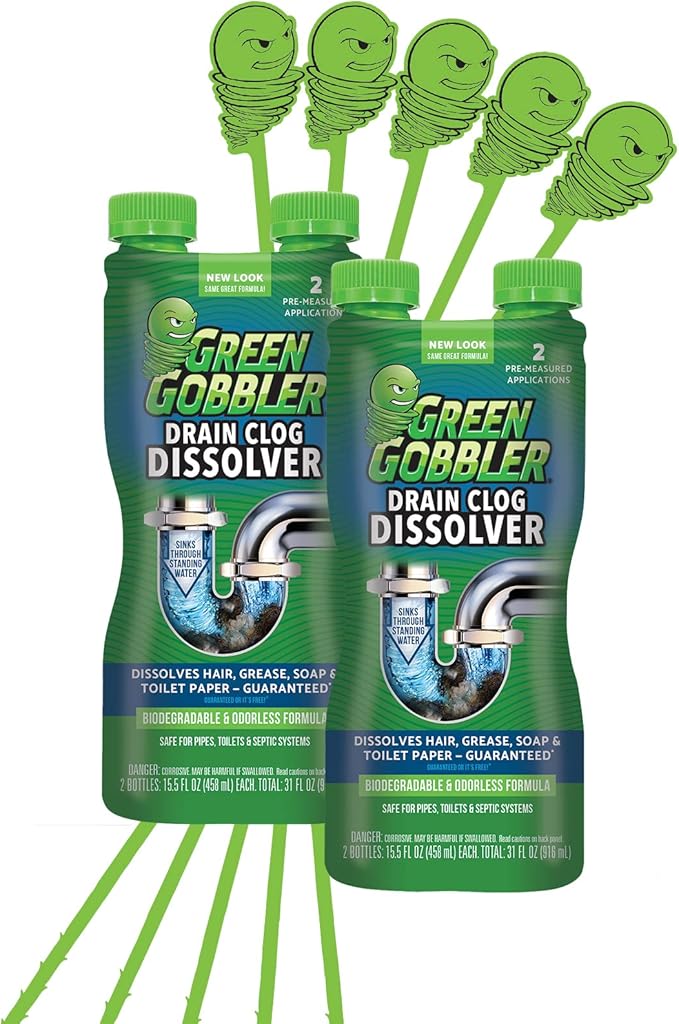 Green Gobbler Liquid Hair Drain Clog Remover, For Toilets, Sinks, Tubs - Septic Safe, 2 Pack + 5 Hair Snake Tools