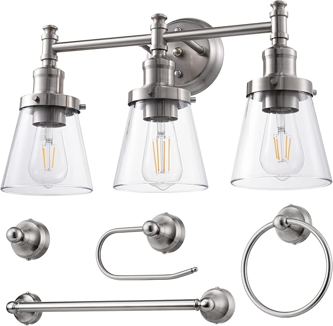 DEWENWILS Bathroom Light Fixtures, 5-Piece All-in-One Bathroom Light Set, 3 Light Brushed Nickel Bathroom Vanity Light with Glass Shades, Towel Bar, Towel Ring, Robe Hook, Toilet Paper Holder