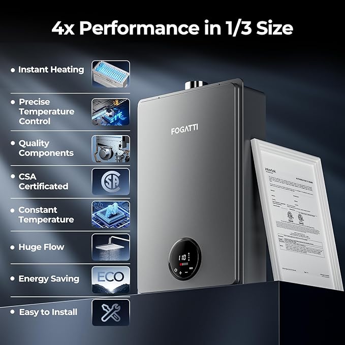 FOGATTI Natural Gas Tankless Water Heater Indoor - Max 5.1 GPM 120,000 BTU, CSA Certified Compact Design On Demand Instant Hot Water Heater - Instagas Comfort 120S Series