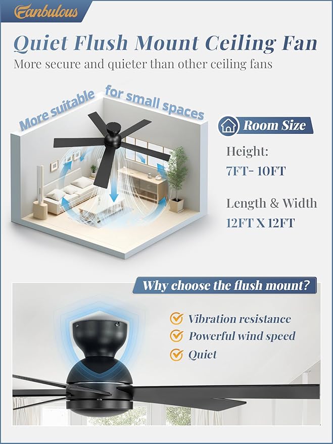 2 Pack 48 Inch Low Profile Ceiling Fan no Light, Black Ceiling Fan without lights, 6-Speeds, Quiet Reversible DC Motor, Indoor/Outdoor Ceiling Fans without Lights for Patio, Living Room, Bedroom