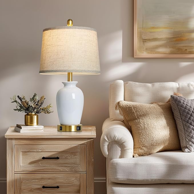 23" Set of 2 White Ceramic Table Lamp with Ginger Jar Design, Bedside USB Lamps for Living Room,Dining Room,Bedroom,Office,Nightstand,End Table
