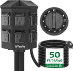 TiFFCOFiO Outdoor Power Strip Timer, Dusk to Dawn Light Sensor Countdown, 50 Feet Extension Cord Waterproof, 6 Grounded Outlets for Halloween and Christmas Decorations, ETL Listed (50 FT)