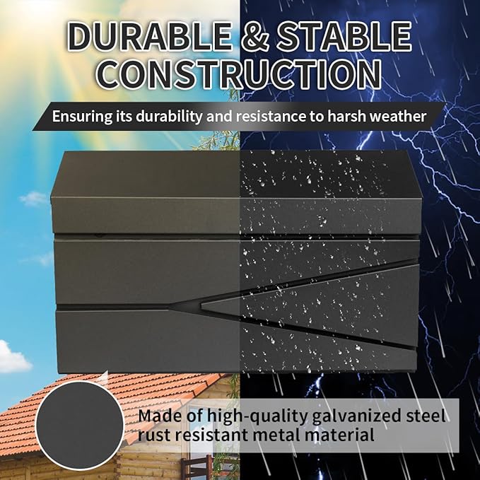 Wall Mount Mailbox, Large Capacity Mailbox for House, Galvanized Steel Rust-Proof Metal Post Box Drop， Mailboxes for Outside, 15.74"×9.84"×4.33", Black Modern Sleek Style