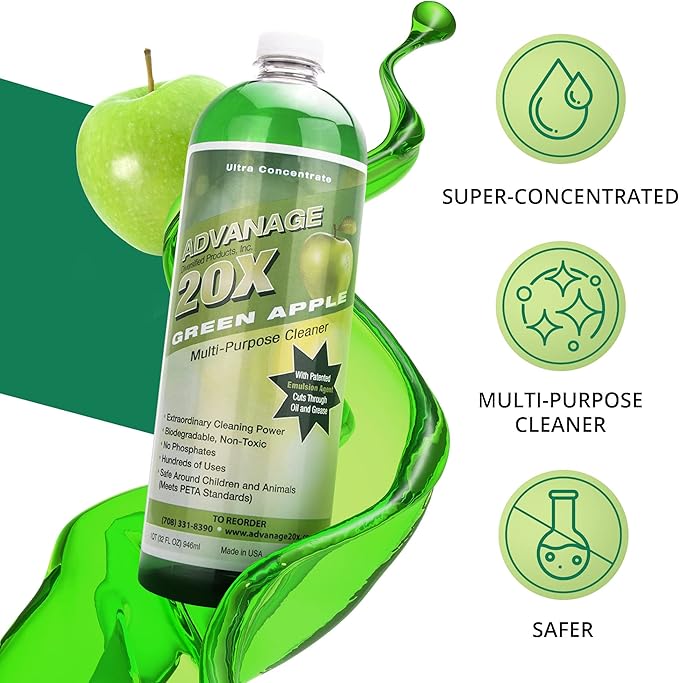 Advanage 20X All Purpose Cleaner Concentrate – Green Apple Eco-Friendly Heavy Duty Degreaser, Multisurface Cleaner for Bathroom, Kitchen, Floors, Household Cleaning Supplies, Made in USA, 32 Fl Oz