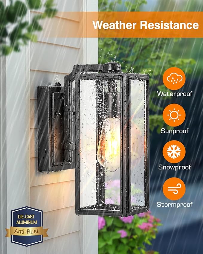VIANIS Outdoor Wall Light Fixtures,Dusk to Dawn Outdoor Wall Lanterns,Anti-Rust Wall Mounted Lighting with Glass Shade, Black Wall Lamp with E26 Socket for Porch, 2 Pack