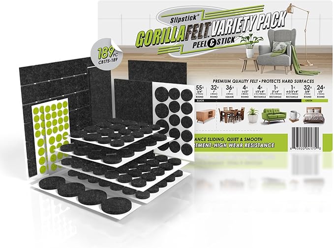 Slipstick Gorilla Felt Furniture Pads (189 Piece Variety Pack) Premium Furniture Pads & Chair Leg Floor Protectors for Hardwood Floors & Hard Surfaces