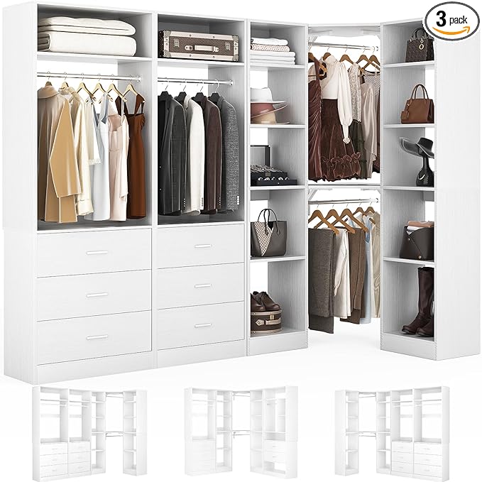 Corner Closet System with 6 Drawers, Closet Organizer System with 14 Shelves & 4 Hanging Rods, 87.2"L * 39.2"W / 63.2"L * 63.2"W Reversible L Shaped Walk-in Closets, Load 2500+LBS, White