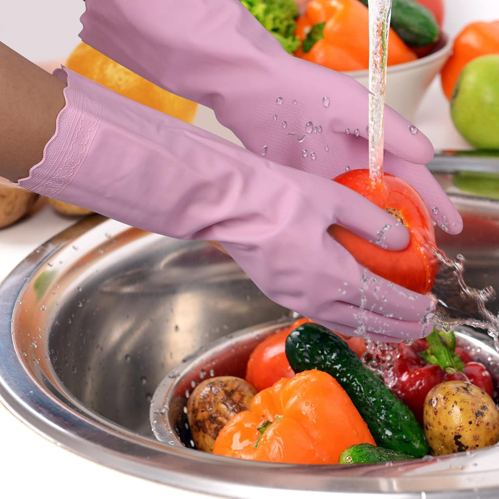 Bamllum Rubber Cleaning Gloves - 2 Pairs Latex Free Kitchen Cleaning Gloves with Cotton Liner- Household Dishwashing Gloves, Non- Slip Waterproof (Medium, Blue+Pink)