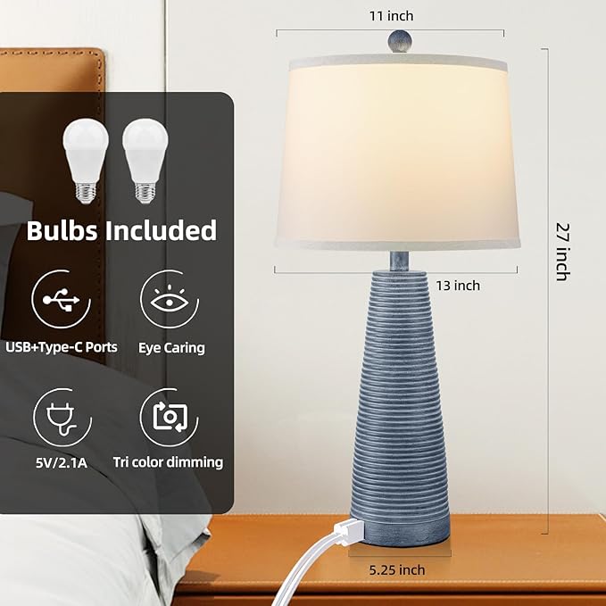 Terpsichore Nightstand Lamp Bedside Lamps Set of 2 Vintage Rustic Farmhouse Table Lamp 3 Way Dimmable Horizontal Stripe Light,Suitable for Living Room Bedroom,with Linen Shade LED Bulb,USB A+C Port