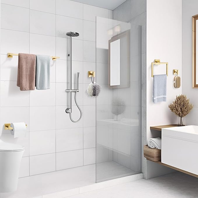 TQKAG 5-Piece Bathroom Accessories Set Brushed Gold Bathroom Hardware Set SUS304 Stainless Steel Classic Wall Mounted Towel Bar Sets 23.6" Towel Rack for Bathroom, Brushed Gold