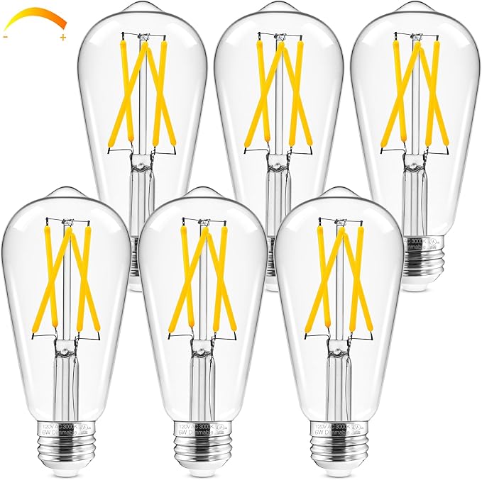 Hizashi LED Edison Bulbs, 6W, Equivalent 60W, 3000K Soft White, Dimmable E26 LED Bulb, 95+ CRI 700 Lumens, ST19 Vintage Light Bulbs, Clear Glass, Pack of 6