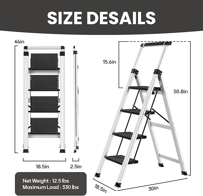 XinSunho 4 Step Ladder, Aluminum Folding Stool with Retractable Handrails & Tool Tray, Anti-Slip, Sturdy Lightweight, 330lbs Safety for Kitchen Indoor Outdoor