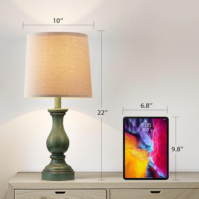 Seealle Farmhouse Table Lamps Set of 2 - Rustic Lamp for Bedroom Living Room, 22" Boho Bedside Lamps for Night Stands End Table Office Desk Lamp Nightstand with Linen Shades(Antique Green)