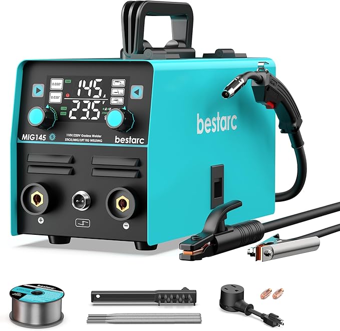 bestarc 145A MIG Welder, 110V/220V Gasless Flux Core MIG Welder/Lift TIG/Stick 3 in 1 Synergic MIG145 5GEN Welding Machine, Portable Flux Welder with Digital Screen Display