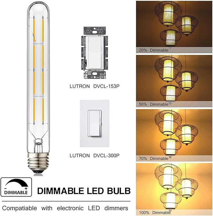 T10 Led Long Bulbs,8W Dimmable Tubular Bulb,75 Watt Equivalent,E26 Edison Style Vintage LED Filament Light Bulb,3000K Soft White,8.9in(225mm),4-Pack.